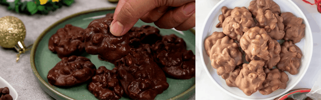 Side by side views of crockpot Christmas crack candy.