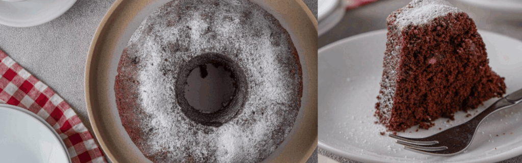 Side by side views of gluten-free chocolate bundt cake.