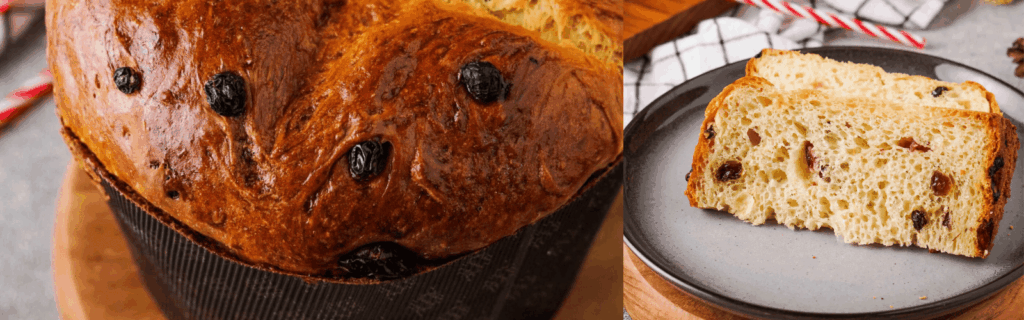 Side by side views of gluten-free Christmas panettone bread.