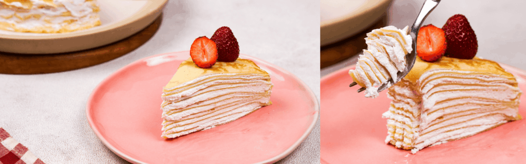 Side by side photos of mille crepe cake with gluten free ingredients.