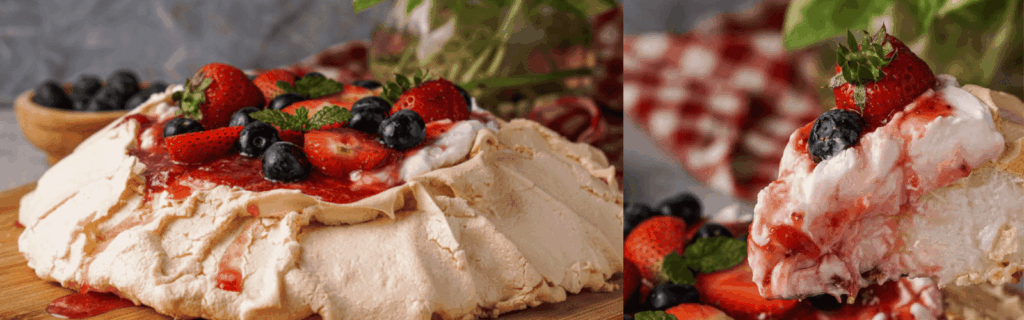 Side by side views of a pavlova with fresh berries.