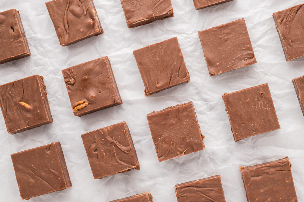 Fantasy Fudge sliced into squares.