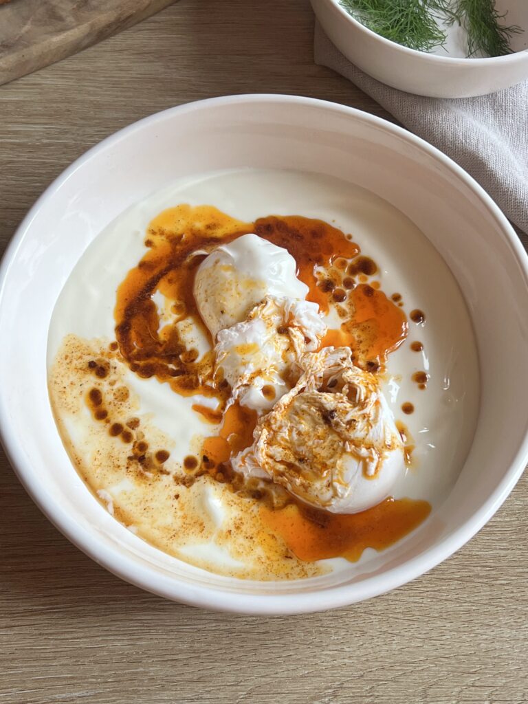 Assembling the Turkish chili eggs.