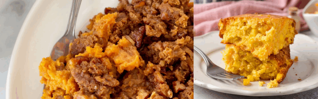 Gluten-free sweet potato casserole and gluten free corn casserole, both served on plates for Thanksgiving.