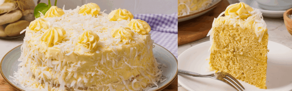 Side by side views of gluten-free coconut cake.
