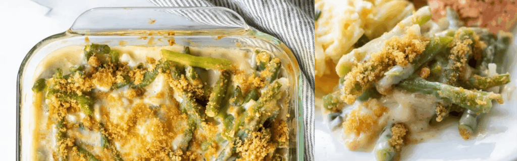 Overhead and close-up views of gluten-free green bean casserole (a Thanksgiving favorite).