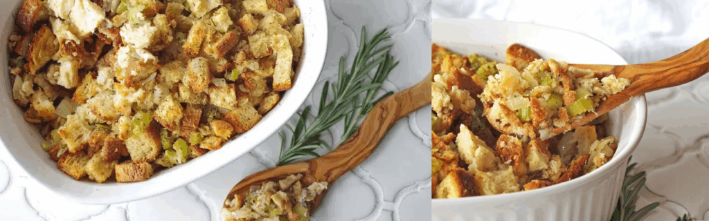 Overhead and close-up views of gluten-free stuffing for Thanksgiving.