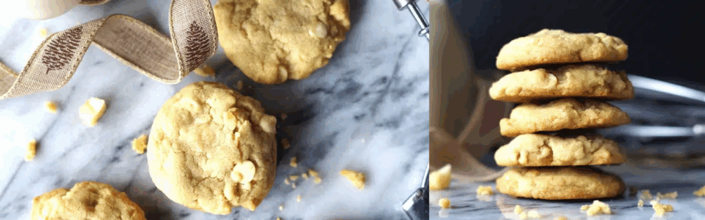 Side by side views of gluten-free white chocolate macadamia nut cookies.