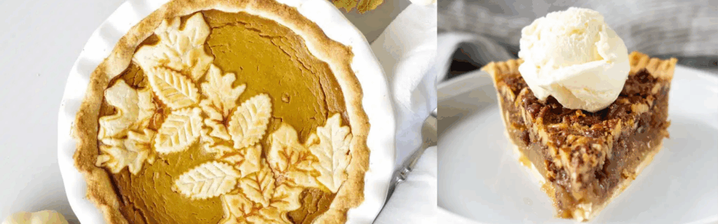 Gluten free pumpkin pie and pecan pie, side by side.