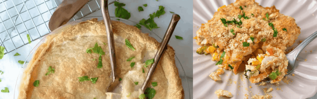 Turkey pot pie and chicken casserole, both with gluten-free ingredients.