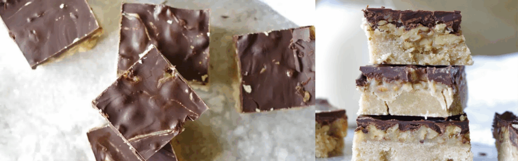 Side by side views of gluten-free turtle bars.