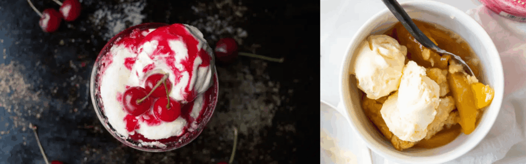 Side by side images of cherry cobbler and peach cobbler.