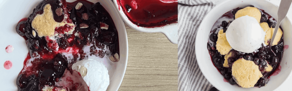 Side by side images of gluten-free blueberry cobbler.