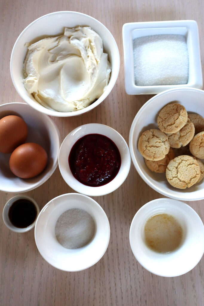 Ingredients for raspberry cheesecake.