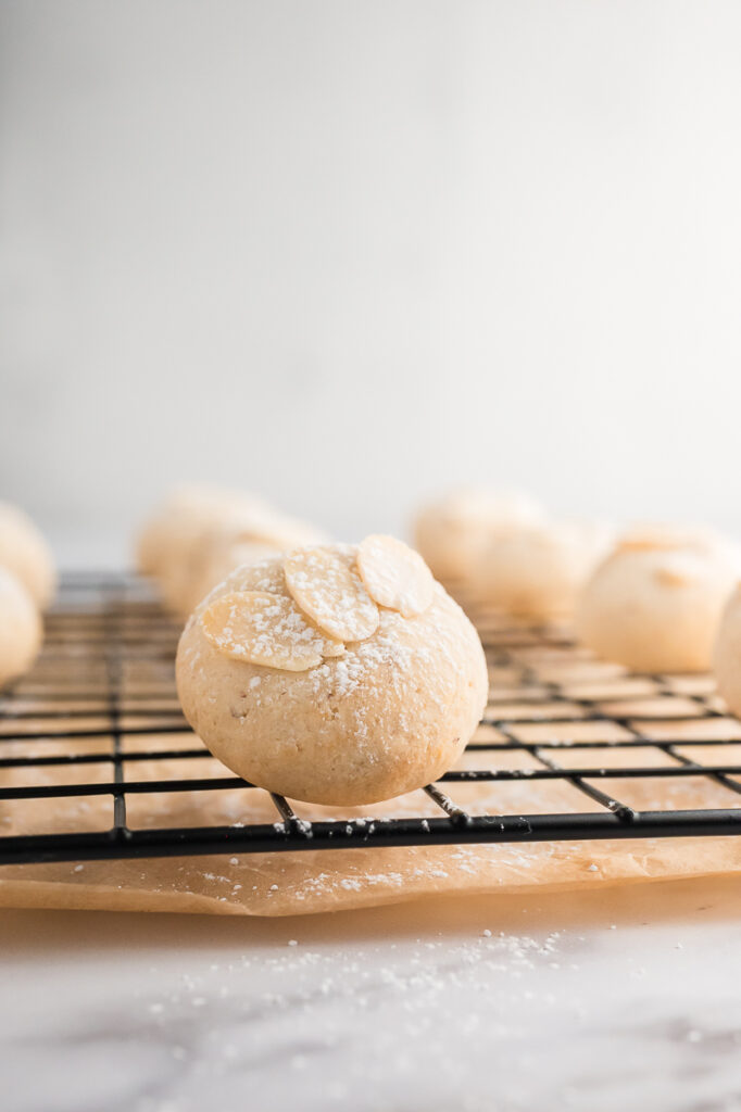 Gluten-free Italian almond cookie cooling on a wire rack, topped with sliced almonds and powdered sugar.