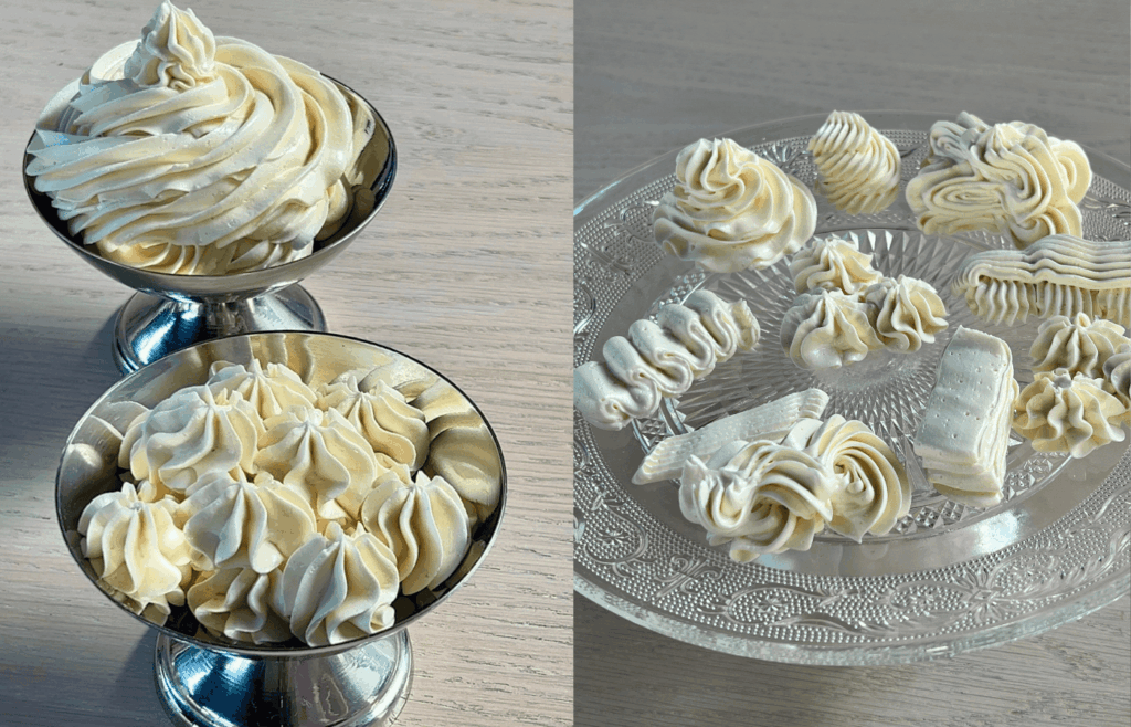Italian Meringue Buttercream being piped onto glass or in a dish.