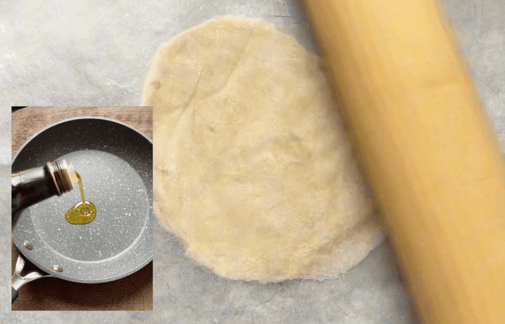Almond flour tortilla dough being rolled between parchment paper with oil heating in a skillet.