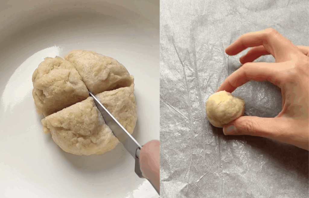 Almond flour tortilla dough cut into portions and shaped into small balls before rolling.