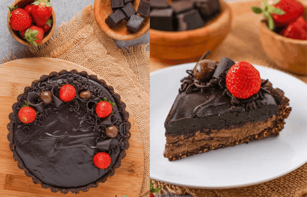 Gluten-free chocolate cheesecake shown from above and as a single slice, a dessert similar to the Cheesecake Factory Godiva Chocolate Cheesecake.