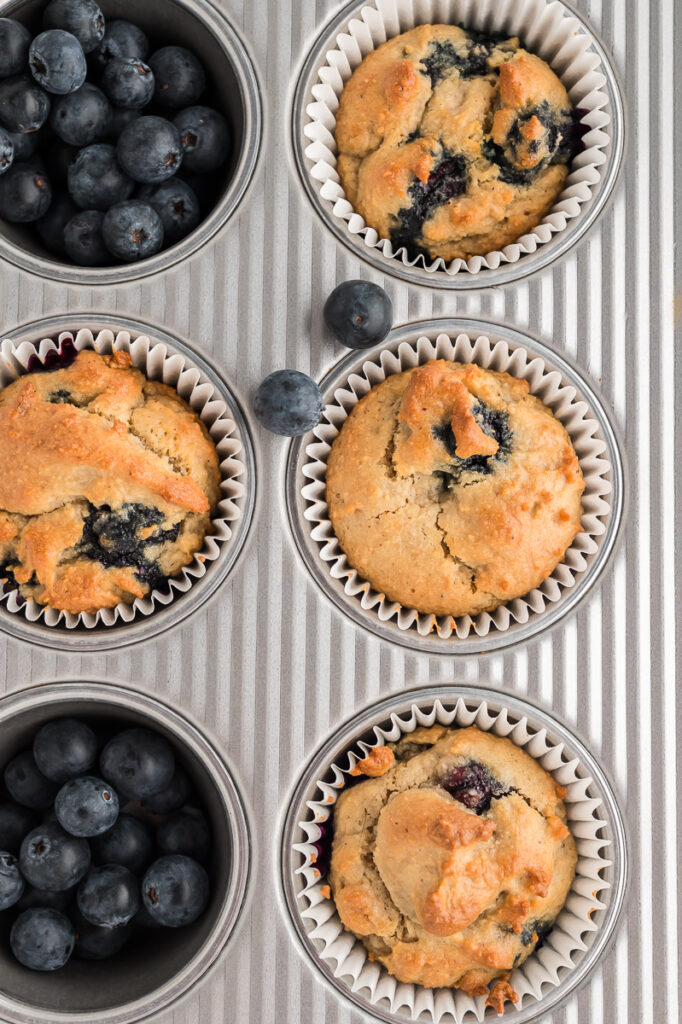 Freshly baked almond flour blueberry muffins cooling in a muffin pan with scattered blueberries