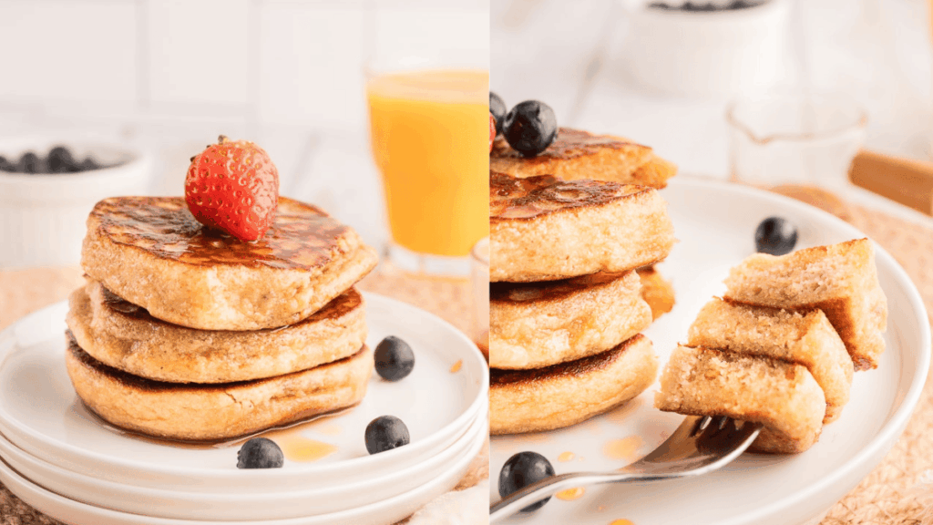 A stack of almond flour pancakes next to a fork with a bite ready to eat.