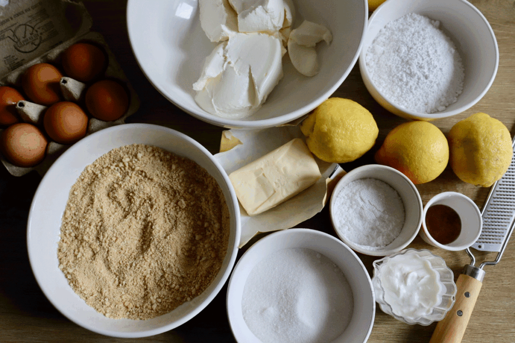 All the ingredients needed for gluten-free lemon cheesecake laid out on a counter, shown from above.