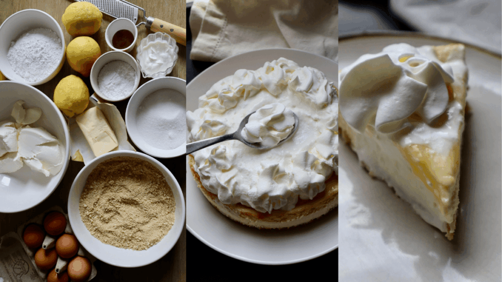 Three images showing the ingredients, lemon curd topping process, and a finished slice of gluten-free lemon cheesecake.