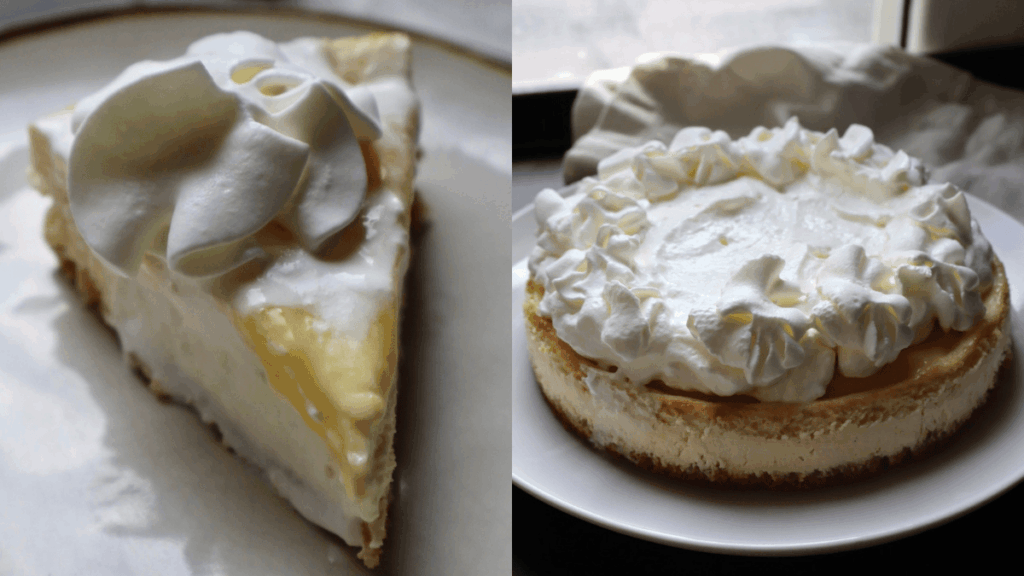 A slice of gluten-free lemon cheesecake next to a whole cheesecake topped with lemon curd and whipped cream.