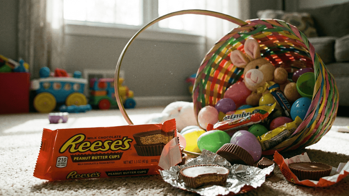 An Easter basket overflowing with Reese's candy.