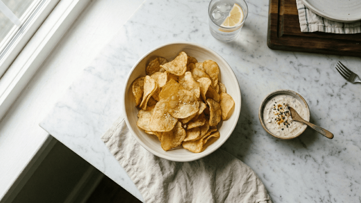 A bowl of Lay's potato chips on a countertop.