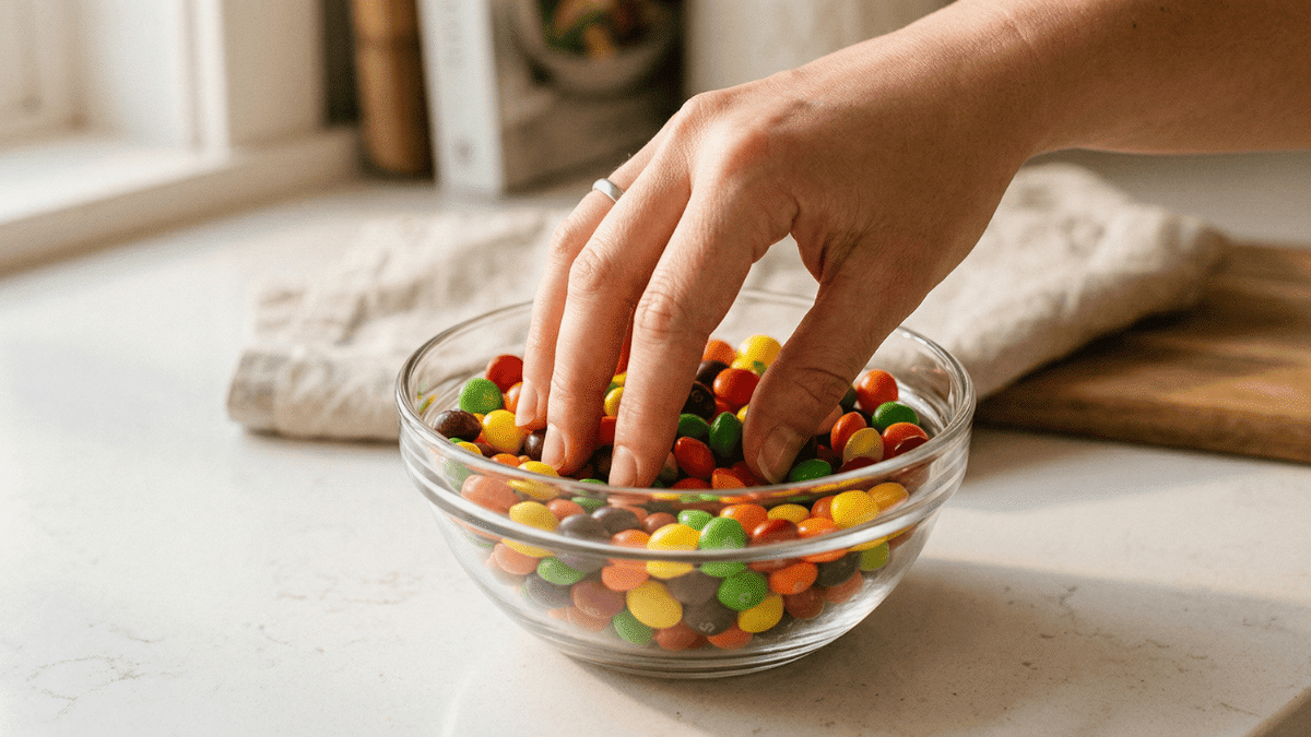 A hand reaching into a bowl of skittles.