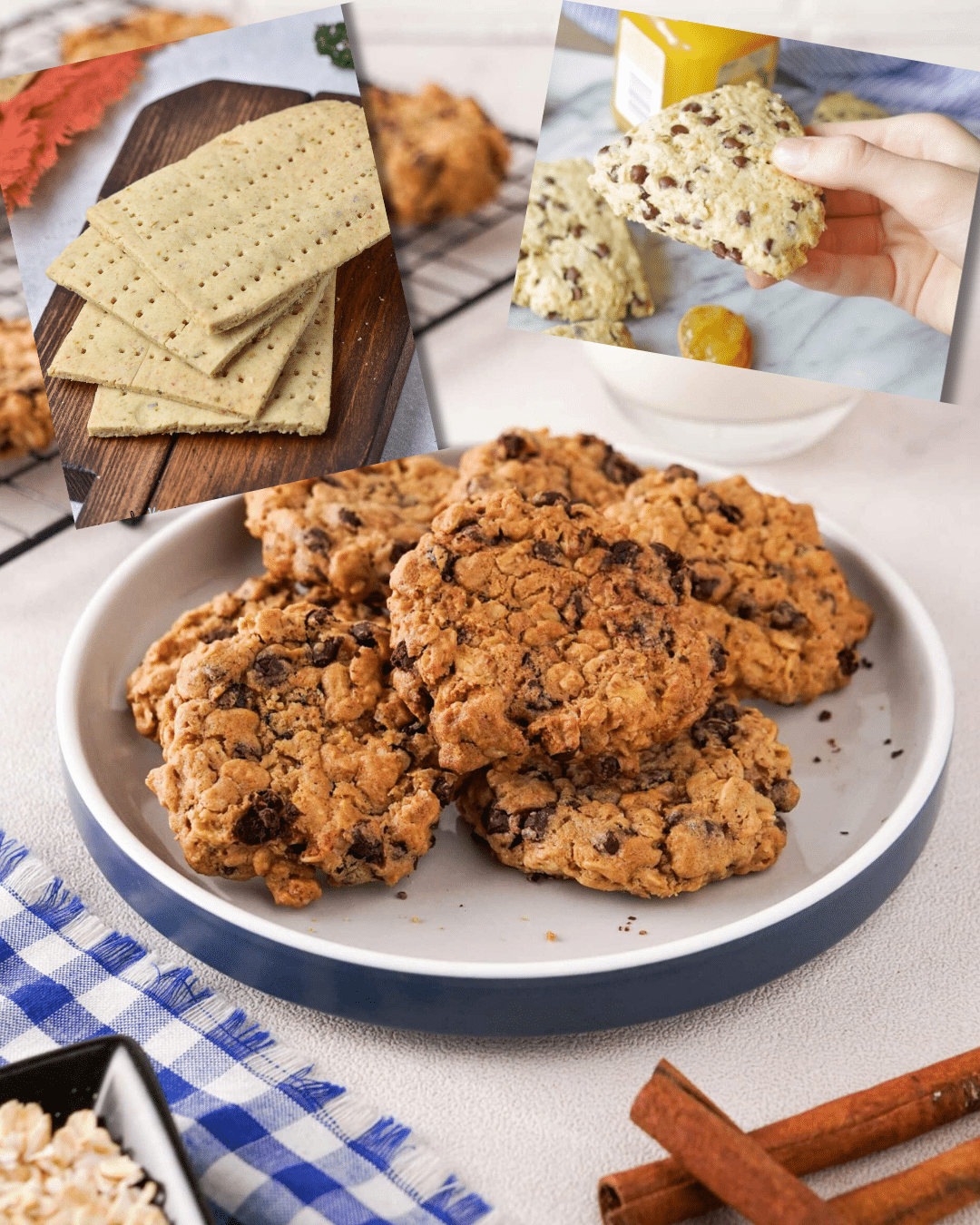 Three gluten-free oatmeal dishes, including cookies, scones, and matza.