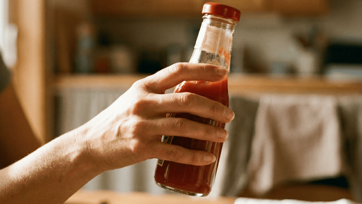 A hand holding a glass bottle of ketchup.