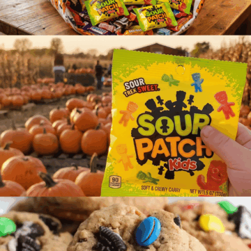 Three images, stacked, showing sour patch kids and cookies.