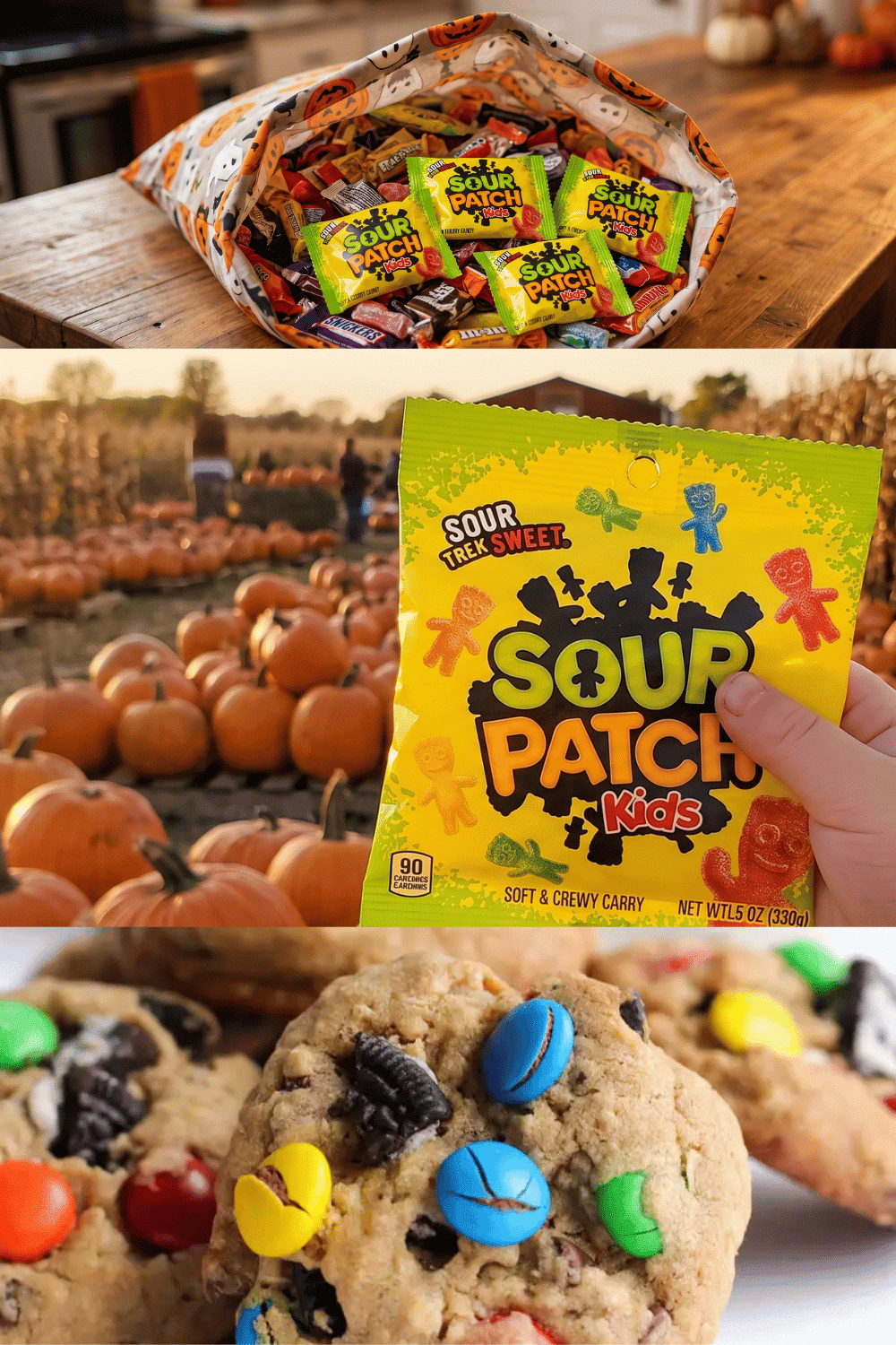 Three images, stacked, showing sour patch kids and cookies.